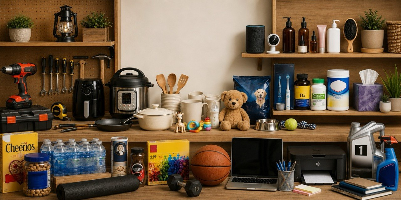 A curated marketplace shelf with tools, home goods, beauty, baby, groceries, and sports essentials — everything in one place